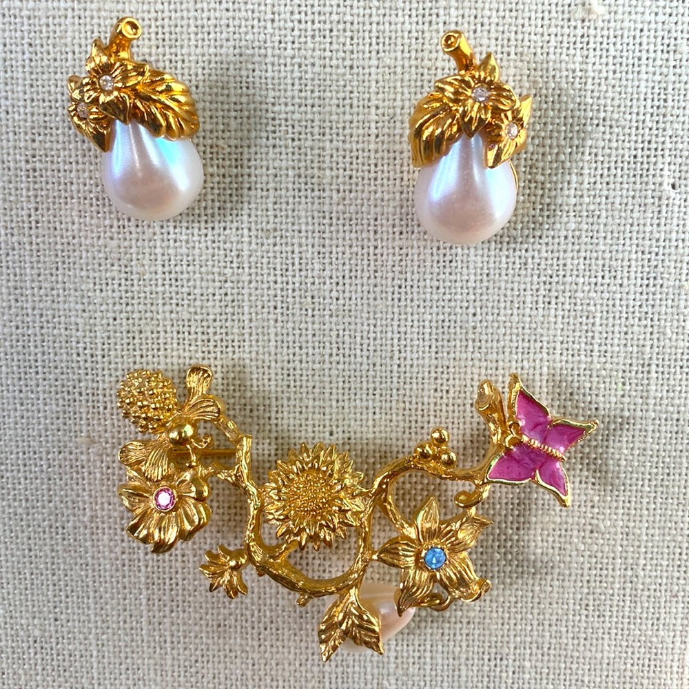 Vintage 1984 Garden of Eden Brooch & Earring Set